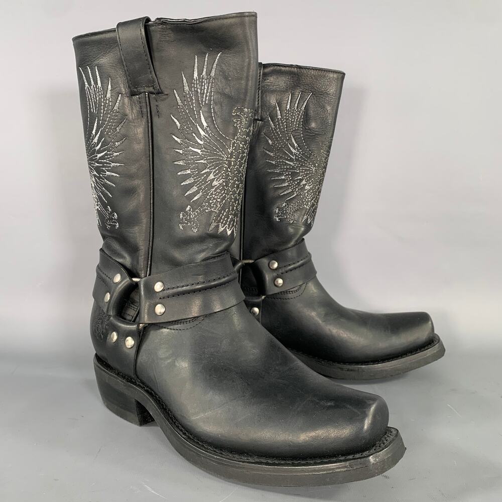 GRINDERS Size 9.5 Black Grey Birds Leather Biker Boots
